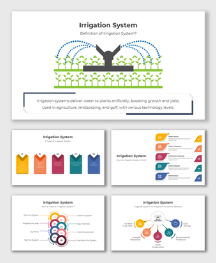 Irrigation System slide set with colorful visuals showing types, process, setup steps, and benefits of irrigation.