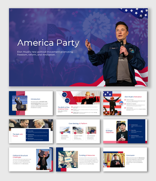 America Party slides show Elon Musk, US flags, red-blue theme, text boxes, charts, and political agenda presentation layout.