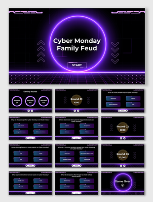 Cyber Monday Family Feud game template with neon purple theme, black grid background, quiz text boxes, and glowing shapes.