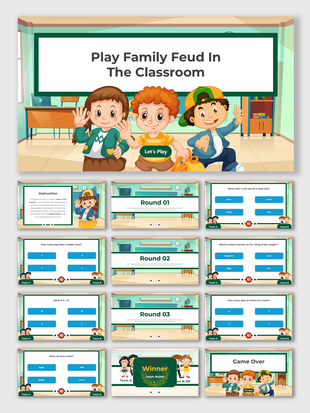 Play Family Feud In The Classroom game template with cartoon kids, green board theme, quiz rounds, answers, and scoreboards.