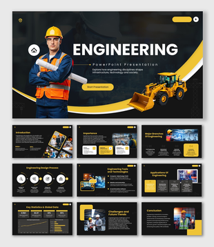 Engineering presentation with engineer, excavator, black-yellow theme, charts, icons, and infographic layouts.