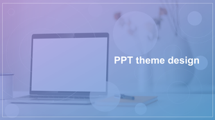 Blurred laptop and desk setup with a gradient overlay of blue and purple hues, featuring circular design elements.