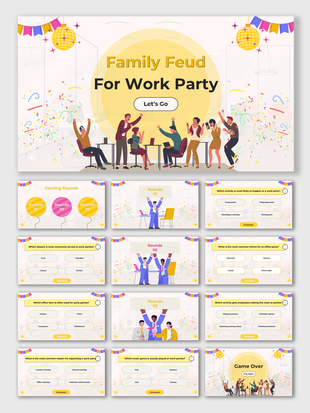Family Feud For Work Party template with festive theme, cartoon employees, balloons, quiz rounds, answer boxes, and results.