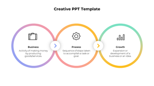 Creative template featuring a flow from business to growth through process, represented with colorful circular designs.
