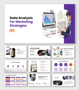 Data Analysis For Marketing Strategies presentation with charts on monitor, analyst reading report, purple accents.