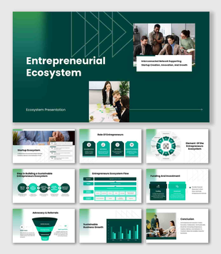 Entrepreneurial Ecosystem presentation with green theme, startup teams, flow diagrams, and structured content blocks.