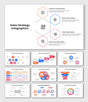 Sales strategy infographics presentation explaining performance optimization using colorful shapes and icons.