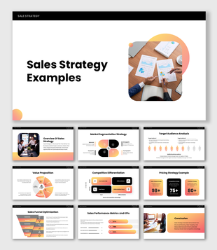 Sales Strategy Examples template with target icons, metrics bars and minimal white and gradient color theme design.