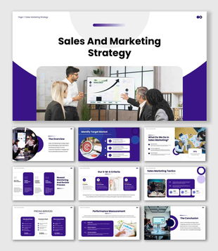 The sales and marketing strategy presentation with target market visuals, data panels and modern design.