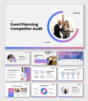 Event Planning Competitor Audit presentation showing service analysis, competitor list and review layouts.