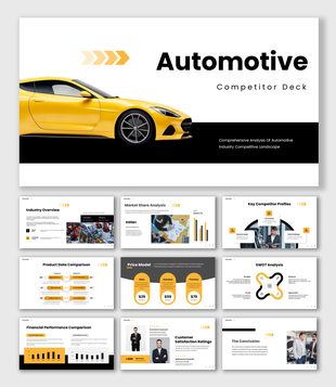 The automotive competitor presentation with bold yellow accents, data charts and analysis tables. 