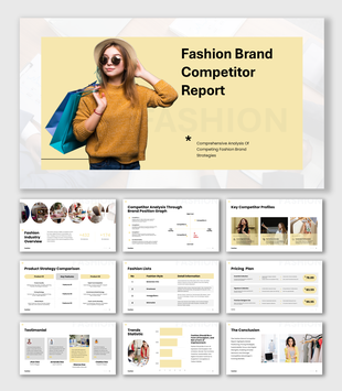 Fashion Brand Competitor Report presentation with soft yellow design and fashion photos, stats and analysis sections.