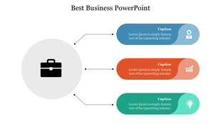 Best Business PowerPoint slide featuring three sections with icons a briefcase, a gear, a graph, and a lightbulb.