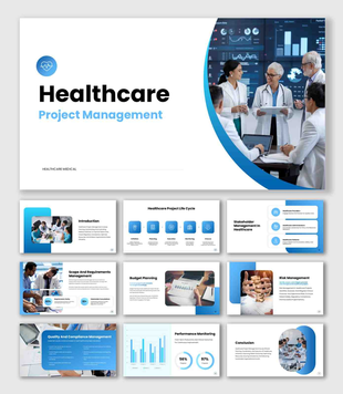 Healthcare project management presentation with blue theme, charts, icons, text blocks, and team meeting visuals.