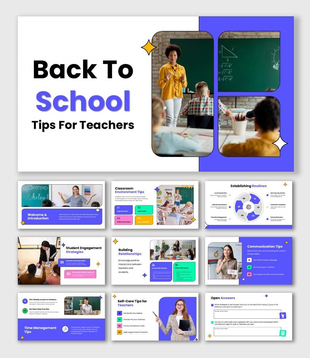 Back to school tips for teachers presentation with multicolor theme, classroom photos, icons, and text blocks.