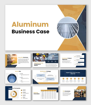 Aluminum Business Case Presentation With Circle Aluminum Image, Strategy Diagram And Market Chart.