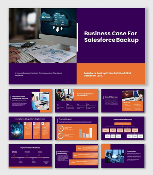 Business Case For Salesforce Backup presentation with multicolor theme, charts, roadmap, and data icons.