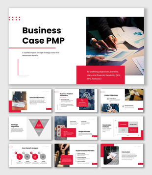 Download the business case PMP presentation with red accents, cost benefit chart, and stakeholder matrix.