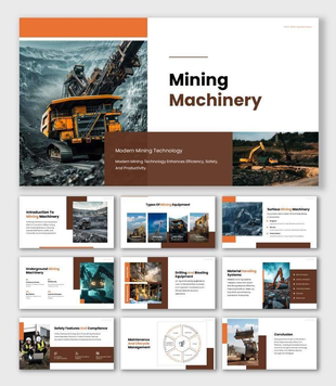 The Mining Machinery presentation template with heavy equipment photos and bold brown design blocks.