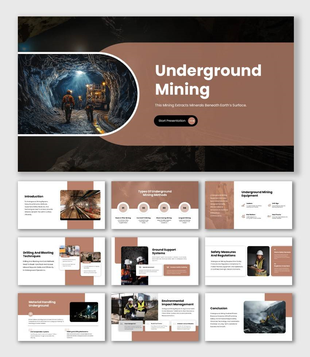 Download the underground mining presentation with tunnel photo, brown panels, and method overview blocks.
