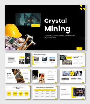 The crystal mining pesentation featuring mining methods, equipment images, and sharp shapes.