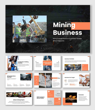 Download the mining business presentation with business plan charts and strong orange highlight shapes.