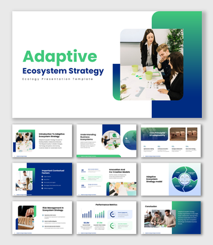 Adaptive ecosystem strategy presentation with green blue shapes, model chart, and team visuals.