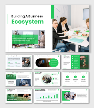 Building a business ecosystem presentation with green theme, charts, and team collaboration visuals.