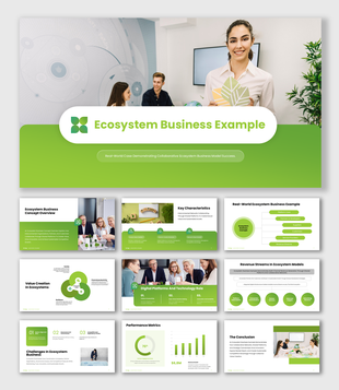 The ecosystem business example presentation with bold green color theme, model chart, and team visuals.