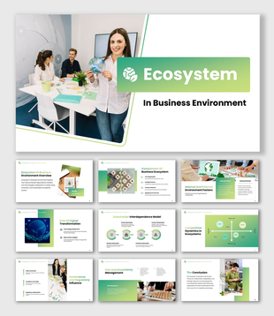 The Ecosystem In Business Environment presentation with green gradient panels and team visuals.
