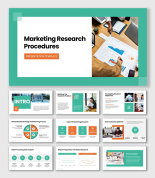 The marketing research procedures template with teal theme, charts, icons, data visuals, and clean text boxes.