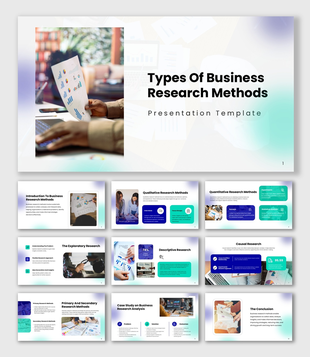 Types Of Business Research Methods Presentation with soft gradient colors, charts, icons, and clean text boxes.