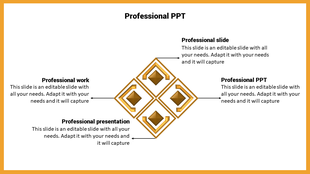 Professional slide featuring gold diamond icons linked in a symmetrical layout with placeholder text areas.