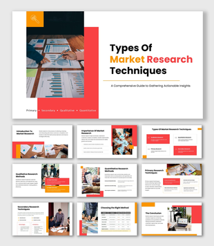 Types Of Market Research Techniques slides, red theme, charts, text boxes, data visuals, clean layout.
