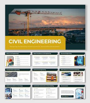 Civil Engineering Presntation with crane, bridge, and construction site showing infrastructure design and building process.