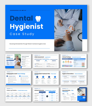 Dental Hygienist Case Study presentation Showing Tooth Model, Hygiene Tools, Patient Records, And Care Process Slides.