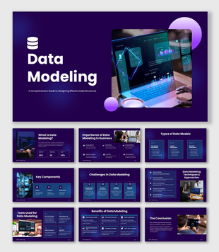 The Data Modeling presentation showing dashboards, graphs, and structured data system design concepts.