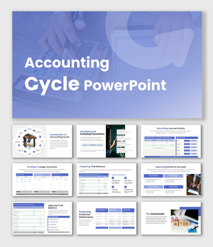 The Accounting Cycle PowerPoint with calculator, journal entries, ledger, trial balance, and reports slides.