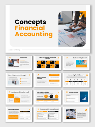 The concept financial accounting slides showing principles, equation, cost, accrual, and business concepts with charts.
