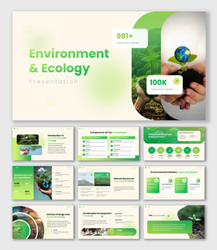 Environment & Ecology Presentation with hands holding plant, earth icon, and green sustainability visuals.