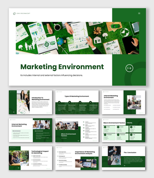 The Marketing Environment Presentation slides with charts, team analysis, PESTEL model, and green business visuals.