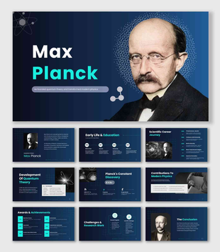 Max Planck presentation with portrait, quantum theory timeline, physics discoveries, and achievements slides.