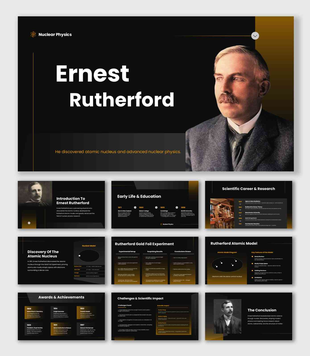Ernest Rutherford presentation with scientist portrait, atomic nucleus discovery, and nuclear physics research slides.