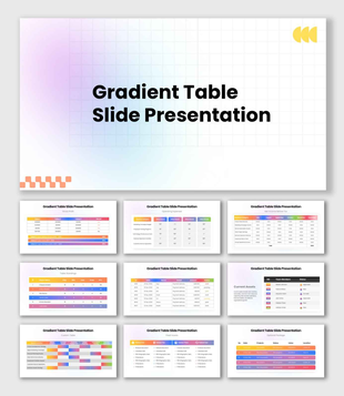 The Gradient Table Slide Presentation template featuring gradient charts, financial tables, and report visuals.