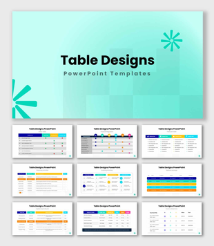Table Designs PowerPoint template with colorful data tables, pricing charts, and business comparison layouts.