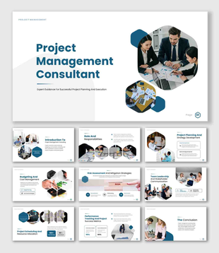 The Project Management Consultant PPT Presentation with business meetings, stakeholder planning, and workflow analysis.