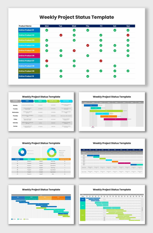 Weekly Project Status infographic Presentation featuring task monitoring, milestone tracking, and performance analysis.