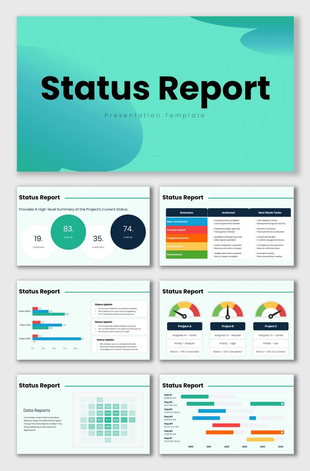 The Status Reporting PowerPoint template showing project timelines, KPI gauges, branch updates, and workflow progress.
