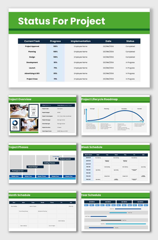 Status for projects presentation dashboard with project progress, schedules, lifecycle roadmap, and task tracking tables.