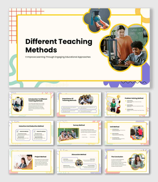 Different Teaching Methods Presentation with classroom photos, problem solving, survey, and discussion learning models.